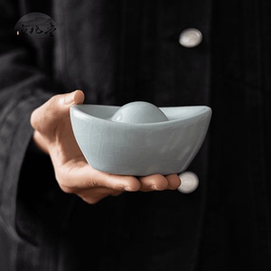 汝窑开片可养元宝摆件复古茶具陶瓷盖置茶宠创意精品茶道茶玩配件