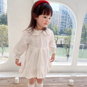 AnnieGirl春季新款白色蕾丝刺绣小翻领气质甜美纯色韩版连衣裙