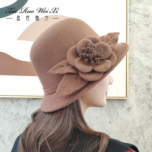 帽子女秋冬羊毛呢帽英伦复古圆顶小礼帽优雅时尚花朵时装帽毡帽潮
