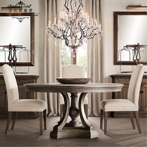 美式实木餐桌椅组合乡村圆餐桌欧式复古做旧北欧家具橡木咖啡桌椅