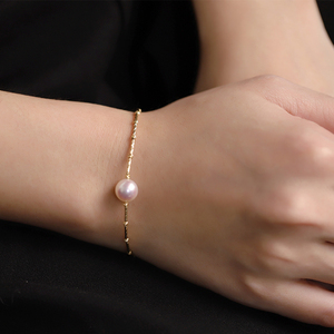 日本 天然akoya深海珍珠单个穿孔单颗18K金手链花珠天女可调节