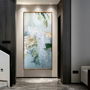 新中式入户玄关装饰画手绘白孔雀寓意好过道走廊挂画竖版客厅壁画