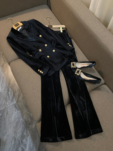新款2012秋冬韩版金丝绒西装套装修身西服喇叭裤职业两件套女1301