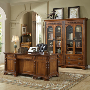 美式实木书桌雕花大班台书房写字桌欧式办公桌书法桌全实木电脑桌