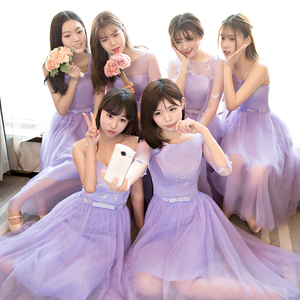 伴娘服中长款2020新款秋季宴会晚礼服紫色显瘦伴娘团礼服姐妹裙女