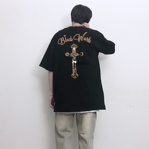 icc原创 blackwork小众复古暗黑贴布刺绣十字架骷髅印花短袖t恤男