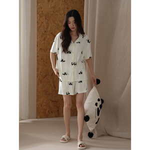 【凉感】熊猫女士睡衣夏季莫代尔短袖开衫薄款可爱卡通家居服套装
