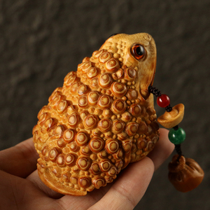 一物一拍精品名家张念超纯手工雕刻满钉三足金蟾手把件竹根雕金蛙