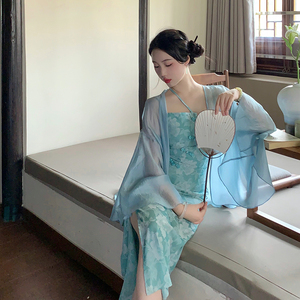 麓津自制《镜花水月》蓝色长款新中式女夏仙气质高级感吊带连衣裙