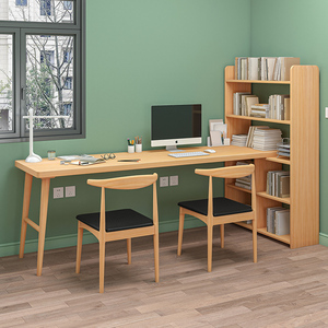 实木双人书桌书架一体桌家用儿童学习桌简约书柜书桌靠墙长电脑桌