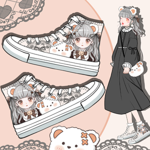 欧莎曼迪原创日系洛丽塔公主帆布鞋女高帮可爱二次元少女手绘鞋子