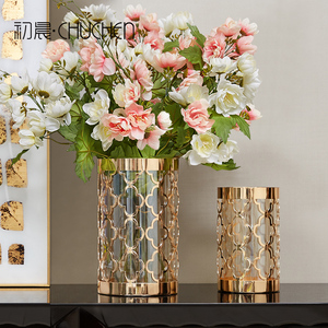 欧式金属玻璃花瓶摆件客厅插花美式样板房餐桌创意轻奢家居装饰品