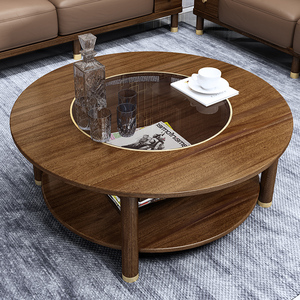 新中式实木玻璃茶几简约现代胡桃木圆茶桌家用客厅轻奢茶台