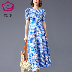 卡沃利蓝白格子气质收腰连衣裙女2024夏新款设计感短袖高个子长裙