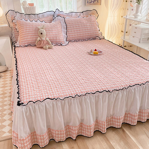 韩版公主风加厚夹棉床裙单件粉色少女床罩花边防滑床单防尘罩床套