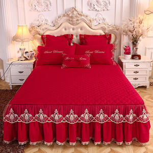 大红色夹棉床裙单件婚庆床罩保护罩蕾丝花边裙式床单结婚四件套夏