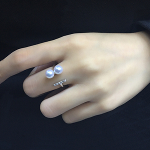 天然淡水珍珠戒指女S925纯银正圆强光T型双珠戒指上开口可调节