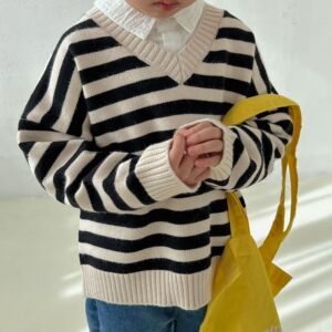 儿童韩版毛衣男女童2022春季条纹棋盘格套头衫宝宝宽松针织衫上衣