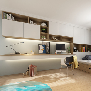 北欧书柜书桌一体现代简约家用房间卧室壁挂式吊柜壁柜墙上储物柜