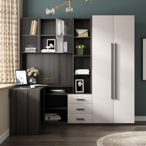 北欧衣柜家用卧室转角连体书桌书柜书架一体组合学生电脑桌写字桌