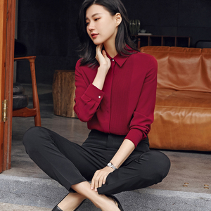 女装 女式衬衫 酒红色上衣女雪纺