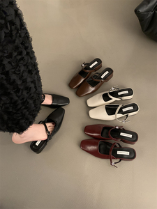 韩版设计感一字带玛丽珍半拖鞋粗跟高跟鞋2024春夏法式包头拖女鞋