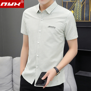 细格子条纹衬衫男士短袖韩版修身潮流帅气衬衣夏季薄款上衣服寸衫