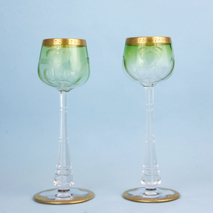 西洋古董玻璃19世纪捷克moser水晶24k鎏金高脚酒杯酒具杯子