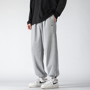 灰色运动裤子宽松休闲抽绳束脚裤阔腿直筒春秋季男生束口篮球卫裤