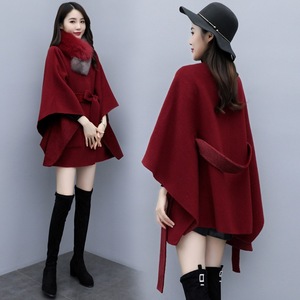 2022红色双面毛呢外套女装上衣外搭蝙蝠呢子大衣斗篷式披肩秋冬季