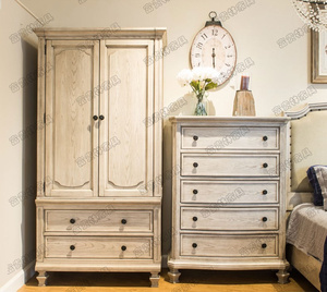 美式复古实木双门衣柜白色做旧五九斗柜欧式两门衣柜法式橡木衣柜