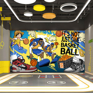 3d卡通涂鸦篮球装饰墙纸少儿球馆培训班背景墙布健身房体能馆壁纸
