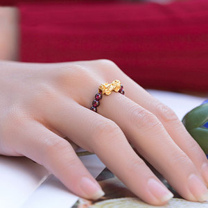 999黄金戒指足金小貔貅戒指3d硬金指环石榴石尾戒转运珠情侣 男女