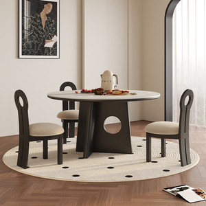 白色岩板餐桌法式复古风家用圆桌奶油风白蜡木高端圆形实木大饭桌
