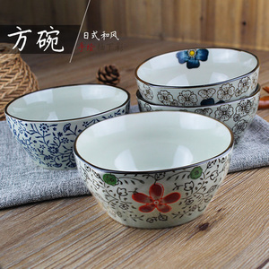 日式和风5/4.5英寸四方碗陶瓷碗米饭碗 粥碗小碗釉下彩餐具景德镇