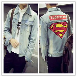 淘宝日系夹克衫潮韩版修身超人印花破洞牛仔夹克情侣s码外套长袖上衣