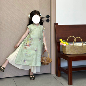 新中式女童裙子夏季儿童洋气汉服碎花旗袍裙宝宝国风假两件连衣裙