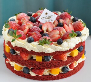 红丝绒淡奶油裸蛋糕动物奶油草莓黄桃水果生日蛋糕长沙同城配送