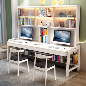 实木双人儿童学习桌椅可升降加长家用电脑桌书桌书架书柜组合一体