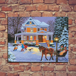 打印光纤画布名画雪屋小孩堆雪人风景油画欧式卧室客厅玄关装饰画