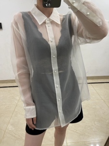 亏清jue美bi收若隐若现高ji性感真丝欧根纱珍珠扣透肉挺括型衬衫