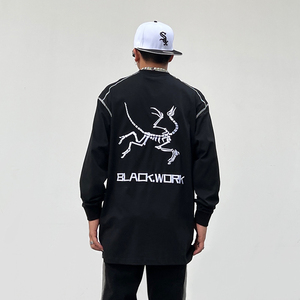 黑男 美式复古街头潮牌鸟骨架刺绣长袖暗黑机能风休闲情侣t恤上衣