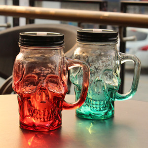 韩国创意彩色梅森玻璃瓶沙冰杯带盖吸管 骷髅杯 冷饮杯玻璃吸管