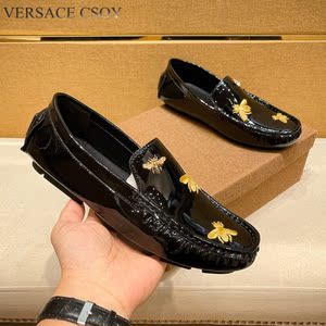 cl轻奢小蜜蜂男鞋漆皮亮面豆豆鞋男高档休闲一脚蹬懒人皮鞋