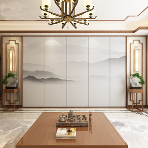 2022年新款新中式水墨山水电视背景墙硬包客厅沙发装饰影视墙软包
