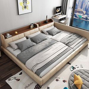 二胎亲子床三胎家庭床4人榻榻米拼接真皮床加宽超大床带护栏的床