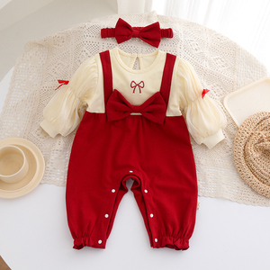 婴儿衣服公主女宝宝春装连体衣长袖三四六八个月幼儿百天周岁礼服