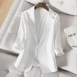 天丝亚麻白色小西装外套女士2024春夏新款小个子短款休闲百搭西服