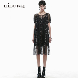 裂帛LIEBOFeng商场同款2024原创设计法式泡泡袖蕾丝两件套连衣裙