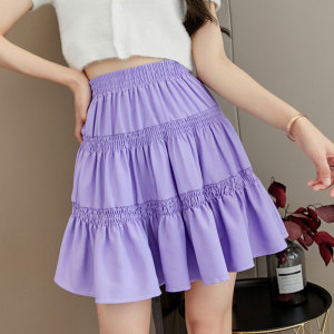 紫色雪纺半身裙蛋糕裙女高腰松紧腰a字短裙防走光伞裙裙加大码